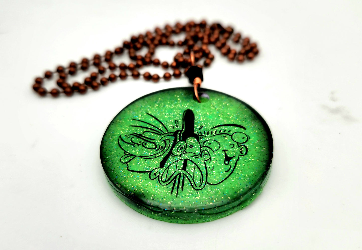 EEnE LARGE "Squished Eds" Glow-In-The-Dark Green Copper Medallion Necklace