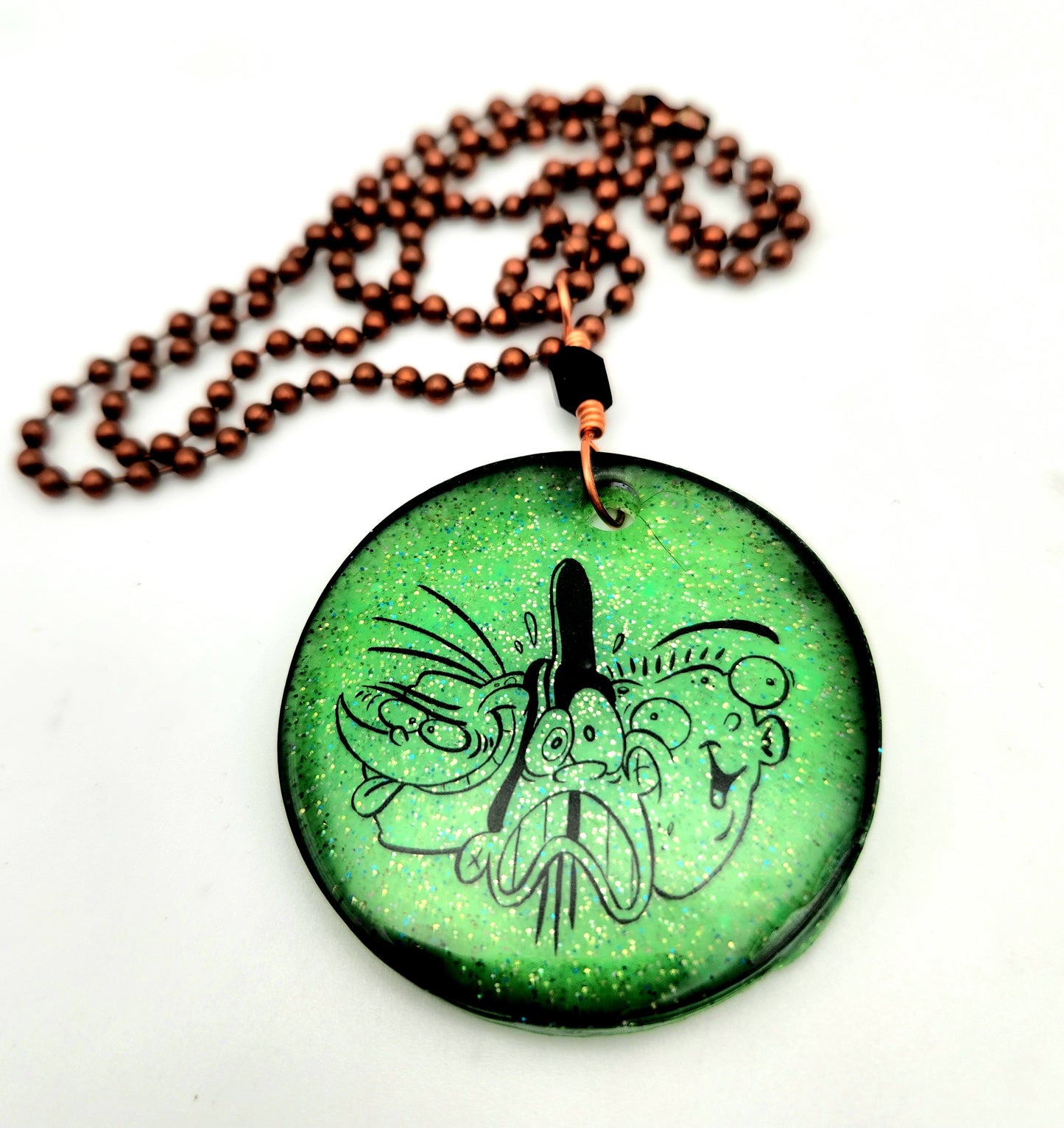 EEnE LARGE "Squished Eds" Glow-In-The-Dark Green Copper Medallion Necklace