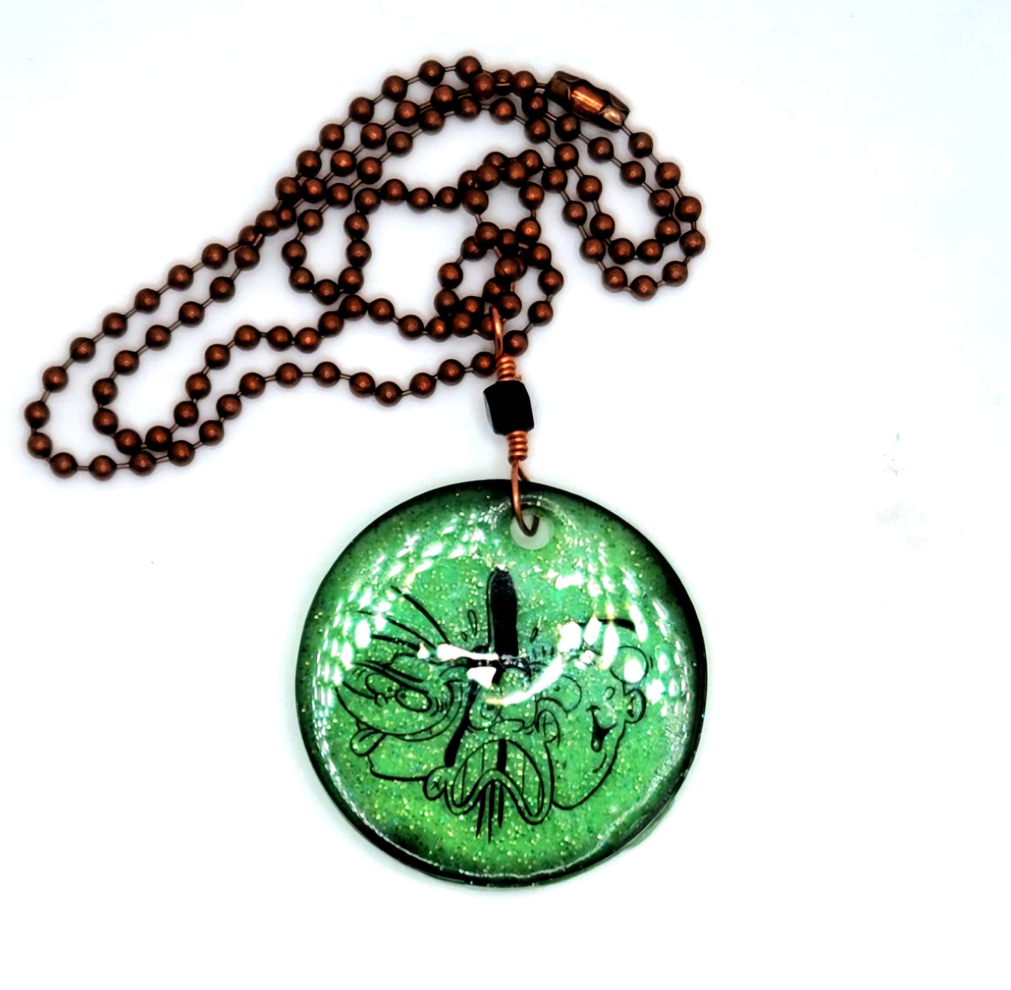 EEnE LARGE "Squished Eds" Glow-In-The-Dark Green Copper Medallion Necklace