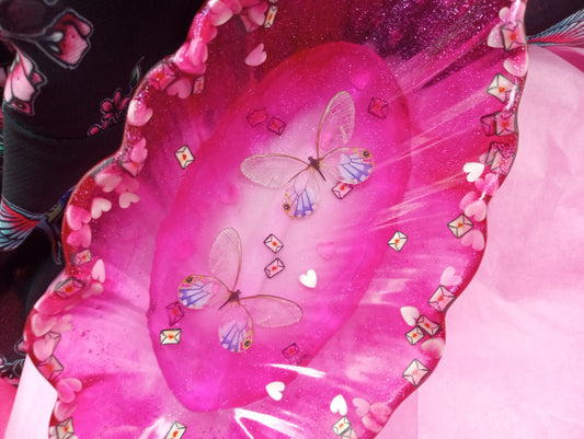 Valentine's Day "Love Bugs" Faux Butterflies - Dark Pink - Resin Leaf Tray