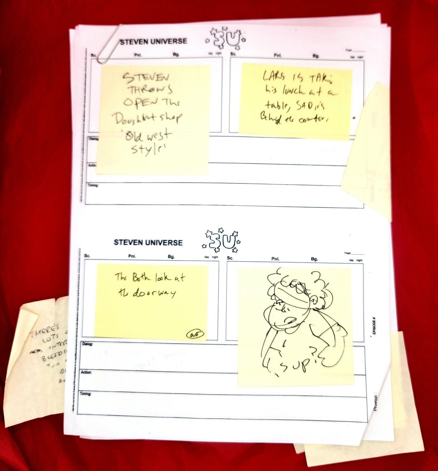 SU Coach Steven: Rough Storyboards w/ Paul Villeco Drawings & Rebecca Sugar notes (3 pages)