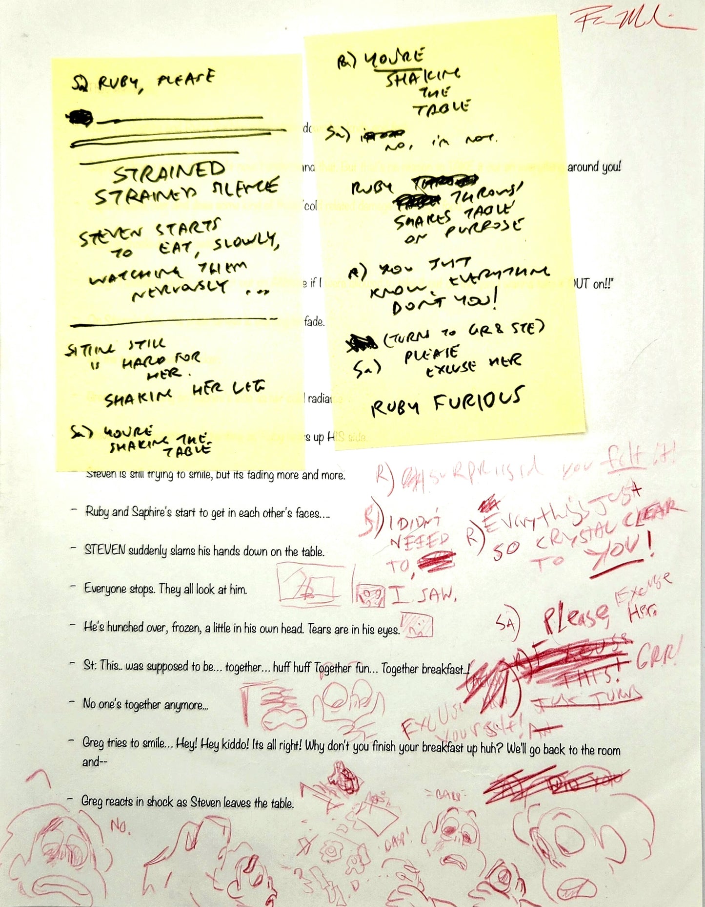 Steven Universe – “Keystone Motel” Annotated Script Page with REBECCA SUGAR Sticky Note Revisions (2014)