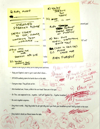 Steven Universe – “Keystone Motel” Annotated Script Page with REBECCA SUGAR Sticky Note Revisions (2014)