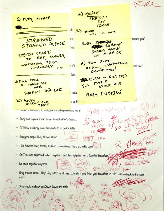 Steven Universe – “Keystone Motel” Annotated Script Page with REBECCA SUGAR Sticky Note Revisions (2014)