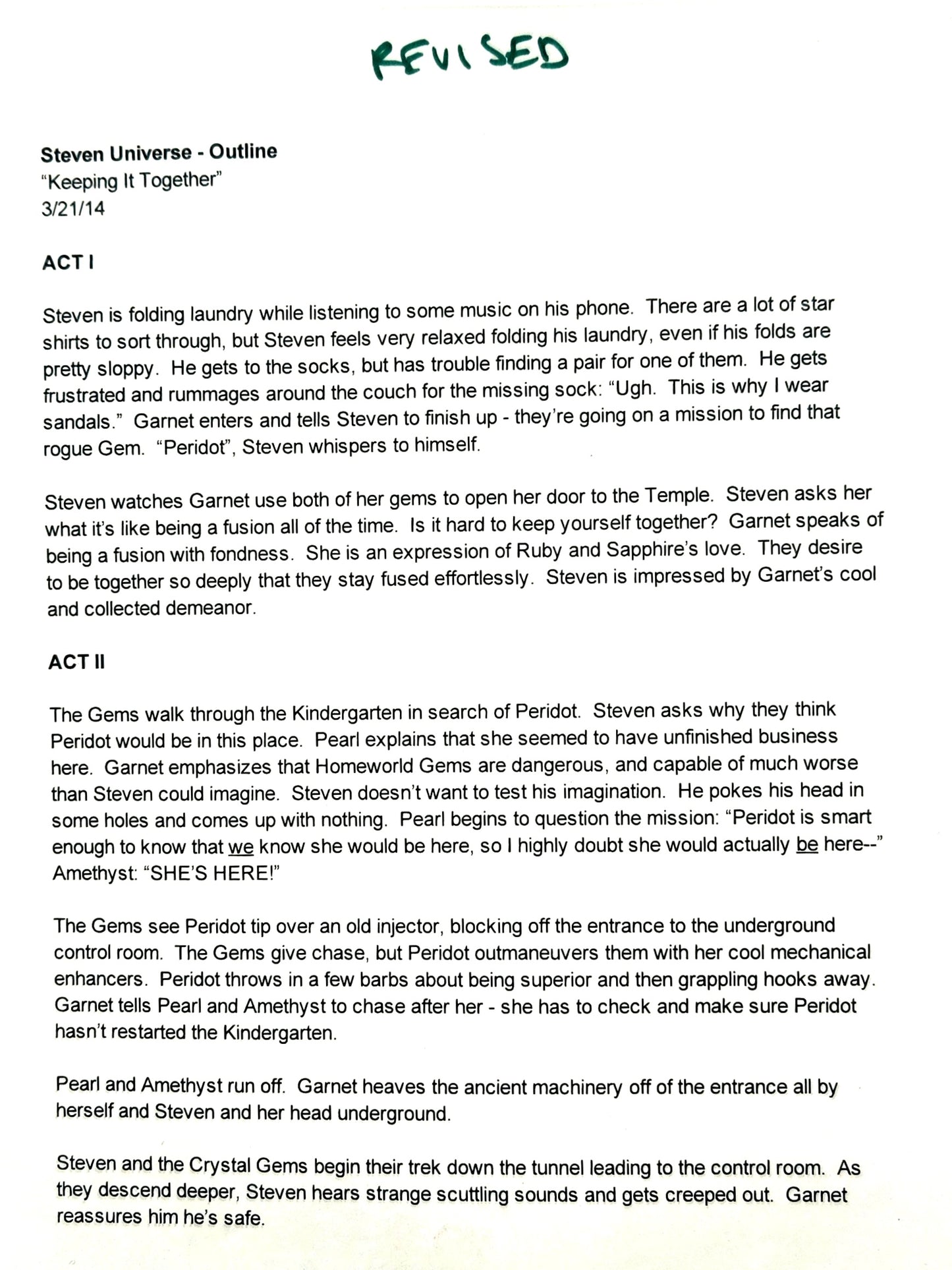 Keeping It Together - 2-page Revised Production Outline Script - Steven Universe
