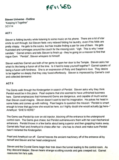 Keeping It Together - 2-page Revised Production Outline Script - Steven Universe