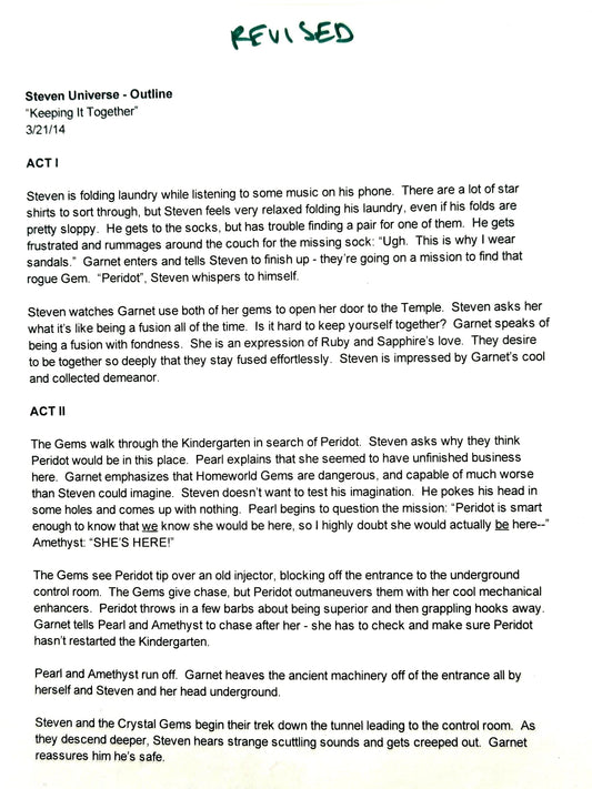 Keeping It Together - 2-page Revised Production Outline Script - Steven Universe